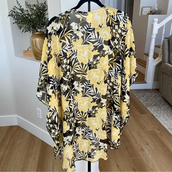 NWT Per Seption Concept Floral Kimono Cardigan XL Yellow Black Open Front Boho - Picture 3 of 9